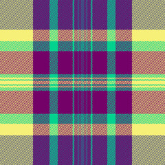 Vibrant tartan pattern featuring bold purple, turquoise, and yellow hues. Classic plaid design with a modern twist, suitable for backgrounds, textiles, or creative projects.