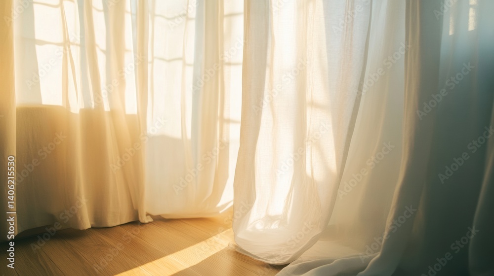 Poster sunlight gently illuminates a cozy space with translucent curtains enhancing a peaceful ambiance in 