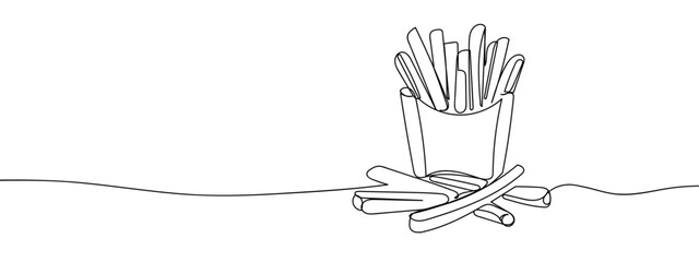 Fast food, French fries, continuous line vector illustration with background editable stroke.