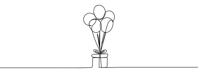 Gift box and balloons, continuous line vector illustration with background editable stroke.