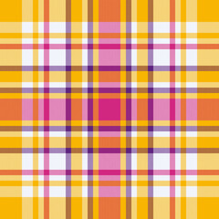 Vibrant yellow, pink, and purple plaid pattern.  Perfect for textile design, website backgrounds, or fashion projects. This cheerful and energetic design evokes feelings of warmth and optimism.