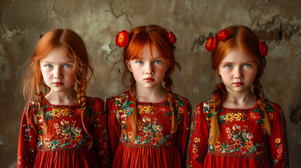 Cute girls in red matryoshka style dresses