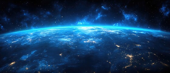 Fototapeta premium Glimpse of Earth from space; city lights glow, clouds swirl, and the atmosphere shines in blue