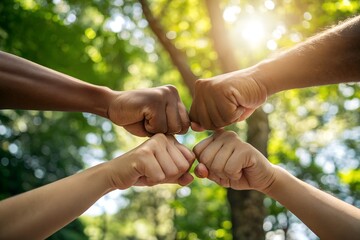 United Front: A symbolic gesture of unity and collaboration, four diverse hands, representing different backgrounds and experiences, come together in a fist bump.