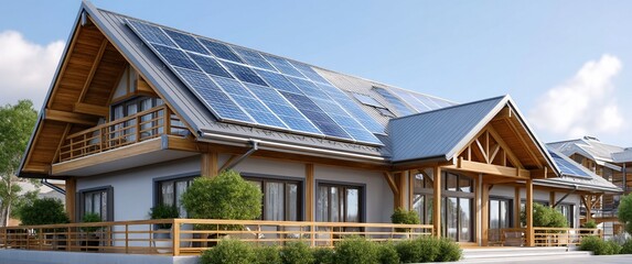 Eco-friendly house with solar panels. Modern design