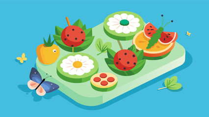 A gardenthemed snack platter with cucumber flower sandwiches bell pepper strips and cherry tomato ladybugs.. Vector illustration