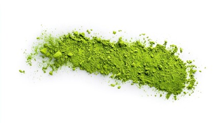 Obraz premium Matcha bright green powder line, tea isolated on white background, top view 