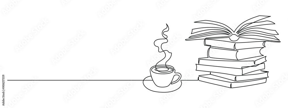 Poster Stack books and cup of coffee in one continuous line drawing. Writing in diary and knowledge library concept in simple linear style. Editable stroke. Doodle oneline vector illustration.