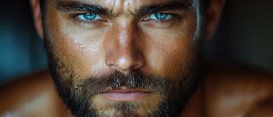 Intense portrait of a man with piercing blue eyes, dark beard, and sweat. Close-up of face