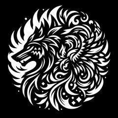 A stylized black and white illustration of a wolf's head surrounded by intricate swirling patterns and flames, forming a circular design.