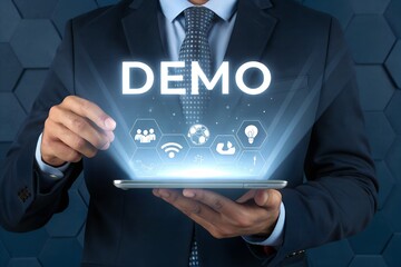 Technological demonstration: A man in a suit projects the word "DEMO" above a digital tablet, a display of innovation and tech-driven vision for the future. 