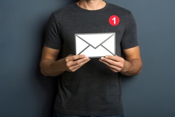 New Message Notification: A man in a dark gray t-shirt stands against a dark blue background, holding a white envelope with a single red notification dot, symbolizing a new message or update.
