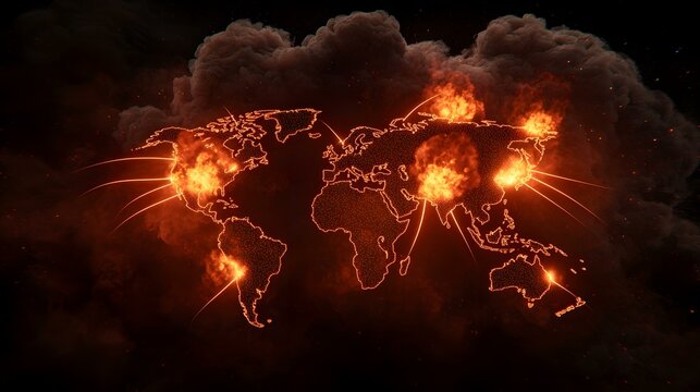 An outline of the world map is ablaze with fire at multiple points, set against a backdrop of dark, swirling smoke and embers.