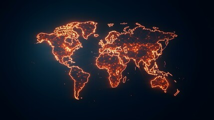 The image contains a glowing orange, wireframe map of the world set against a dark blue background.A fiery orange world map, rendered in a connected network style, illuminates the dark backdrop, show