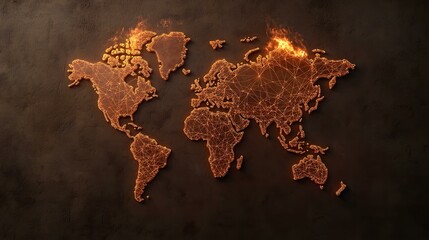 A fiery orange, wireframe world map is set against a dark brown textured background, with flames emanating from the area encompassing Russia and surrounding regions.