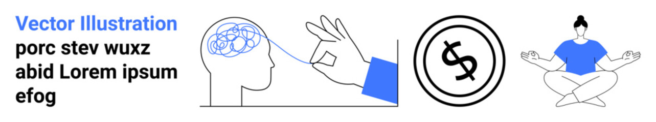 Human brain with tangled lines touched by hand, dollar sign in circle, meditating figure. Ideal for wellness, mental focus, financial planning, mindfulness, productivity, calmness abstract line flat