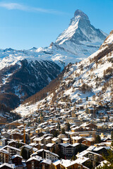 World famous mountain peak Matterhorn above Zermatt town Switzerland, in winter