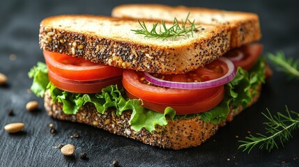 Fresh sandwich on dark surface. Lettuce, tomato, and onion slices. Rustic bread with seeds