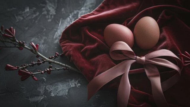 Elegant Brown Eggs on Velvet Fabric with Pink Ribbon and Delicate Branches Create Serene Still Life Atmosphere for Festive Celebrations