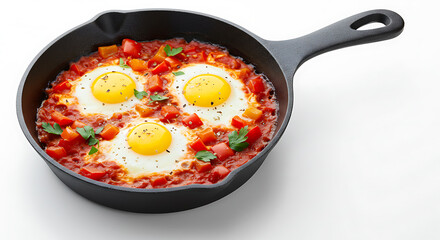 Shakshuka served in cast iron skillet isolated on white background