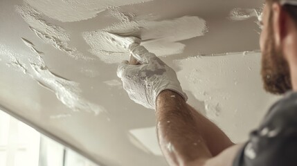Drywaller applying joint compound to a ceiling. Featuring drywall finishing
