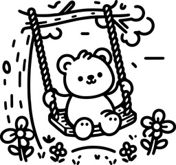Bear Cub Swinging in the Trees. Coloring Book Page. Cartoon Illustration.