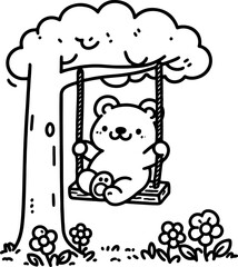 Bear Cub Swinging in the Trees. Coloring Book Page. Cartoon Illustration.