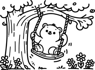 Bear Cub Swinging in the Trees. Coloring Book Page. Cartoon Illustration.