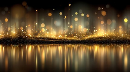 Golden glitter sparkles on dark reflective surface
