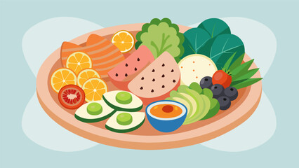 A feast for the senses this grazing platter offers a variety of textures colors and flavors with smoked salmon crunchy pickles and creamy avocados.. Vector illustration