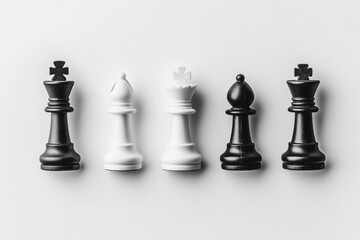 Chess pieces in black and white arranged on a clean white board, showcasing strategic elements of the game clearly