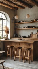Rustic Kitchen Interior with Wooden Accents, Arched Window, and Natural Light, a Cozy and Inviting Culinary Space.
