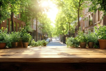 Sunlit city street view with vibrant greenery and an inviting wooden table surface