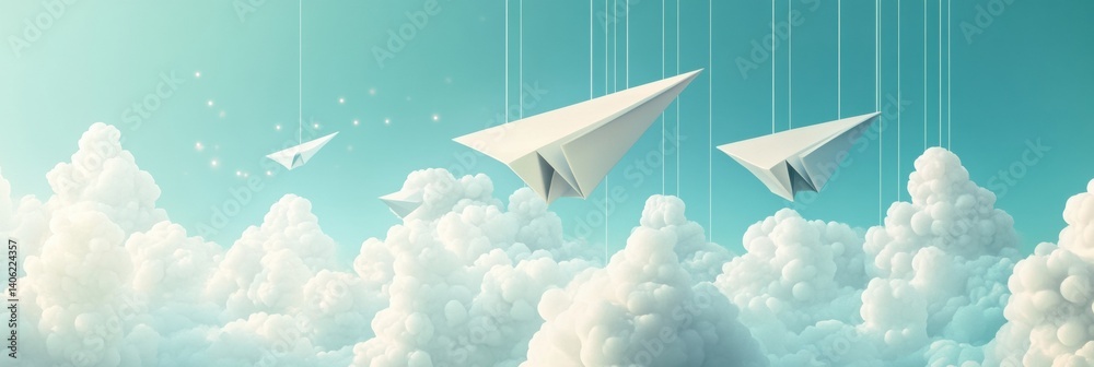 Leinwandbilder colorful paper planes hanging in a soft sky with gentle clouds create a whimsical atmosphere for a c