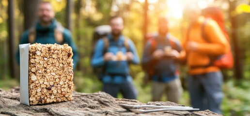 Granola bar snack with hikers in forest healthy food for outdoor adventures