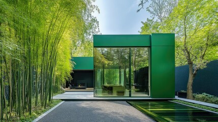 Fototapeta premium Serene Green Pavilion: Modern Architecture in Bamboo Grove