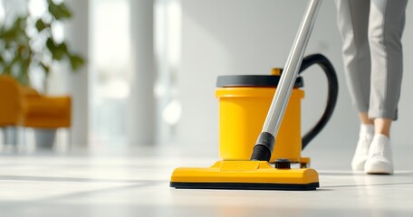 Close-Up View of a Vacuum Cleaner Body Showing Its Long Hose in a Bright Interior Space