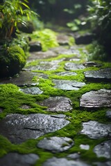 Naklejka premium The deep green moss on the courtyard slate