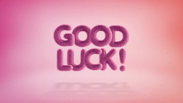 Good lucк text of 3D pink fluffy letters on a simple gradient background with particles. Looped animation