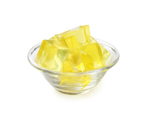 Tasty yellow jelly cubes isolated on white