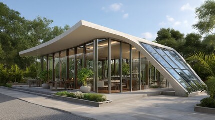Modern glass pavilion cafe nestled in lush greenery