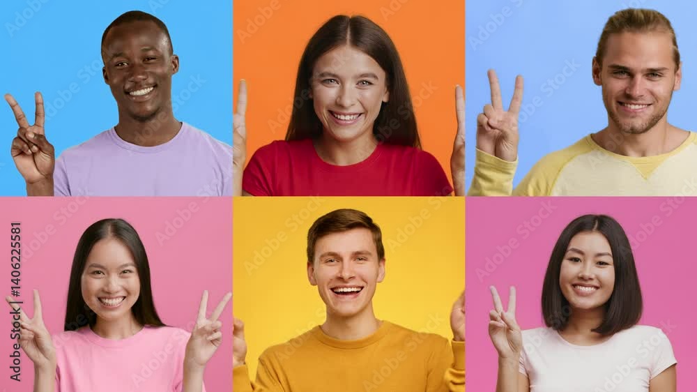 Poster a diverse collection of happy individuals showing the v for victory gesture. each person smiles brig