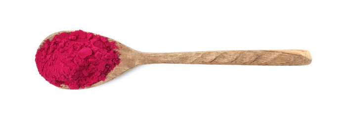Superfood product. Beetroot powder in spoon isolated on white, top view