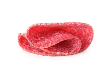 Slice of tasty smoked sausage isolated on white