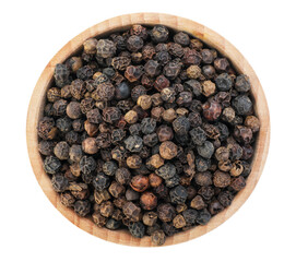 Aromatic peppercorns in bowl isolated on white, top view