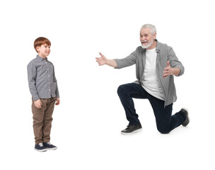 Grandfather waiting for his grandson on white background