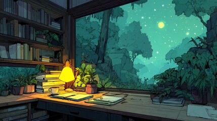 Nighttime study nook, moonlit forest view