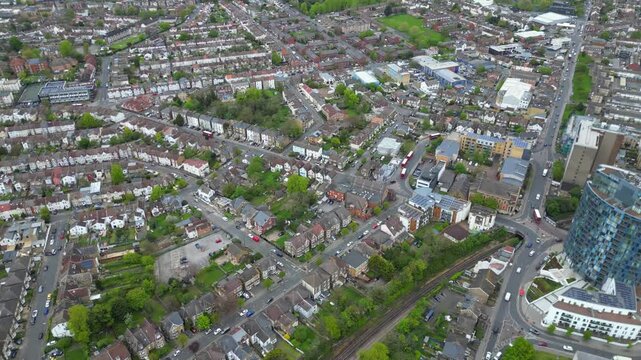 High Angle View of Buildings at South Croydon London Capital City Tour of Central London of England of UK. Aerial Footage Was Captured with Drone Camera on April 24th, 2024 From Medium High Altitude.