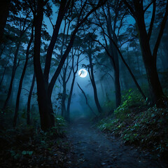 Fog In Spooky Forest At Moon Light On Asphalt