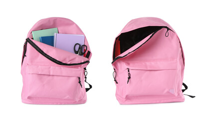 Pink backpack isolated on white, collage. Empty and filled with stationery